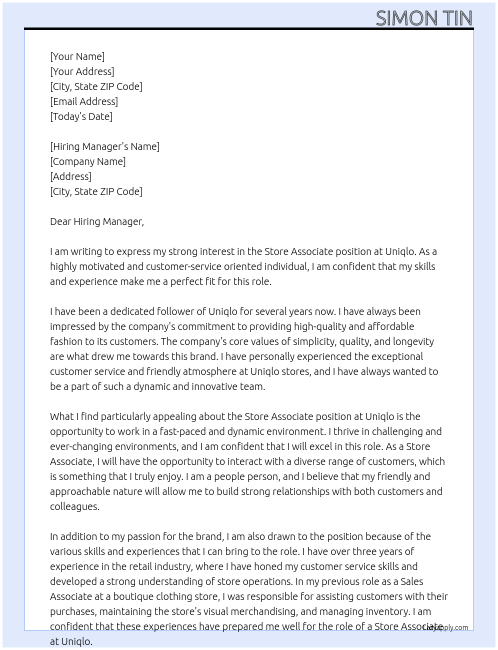Store Associate At Uniqlo Cover Letter