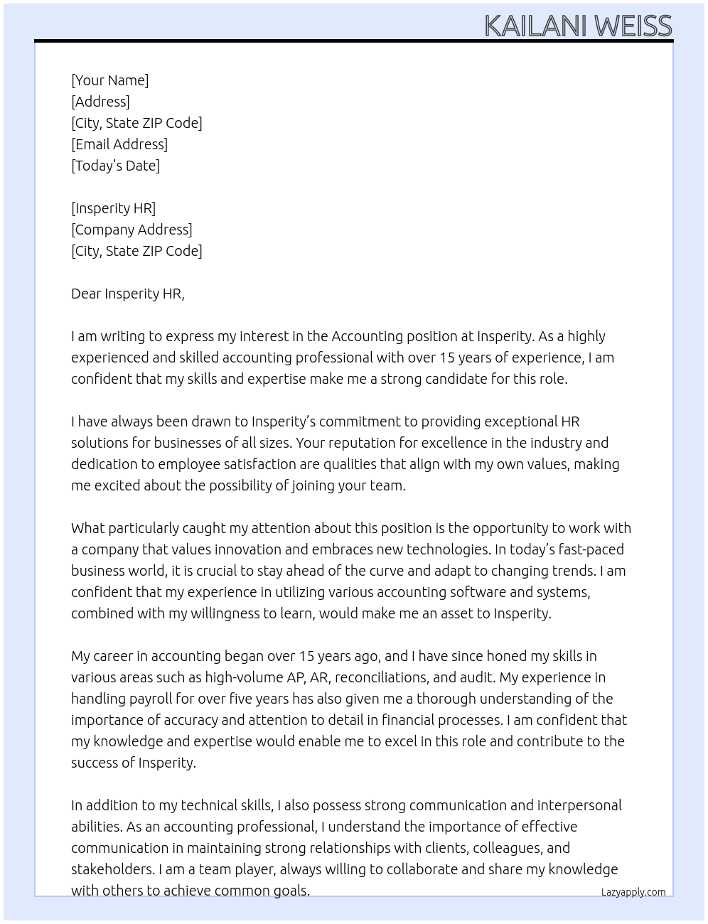 Accounting At Insperity Cover Letter