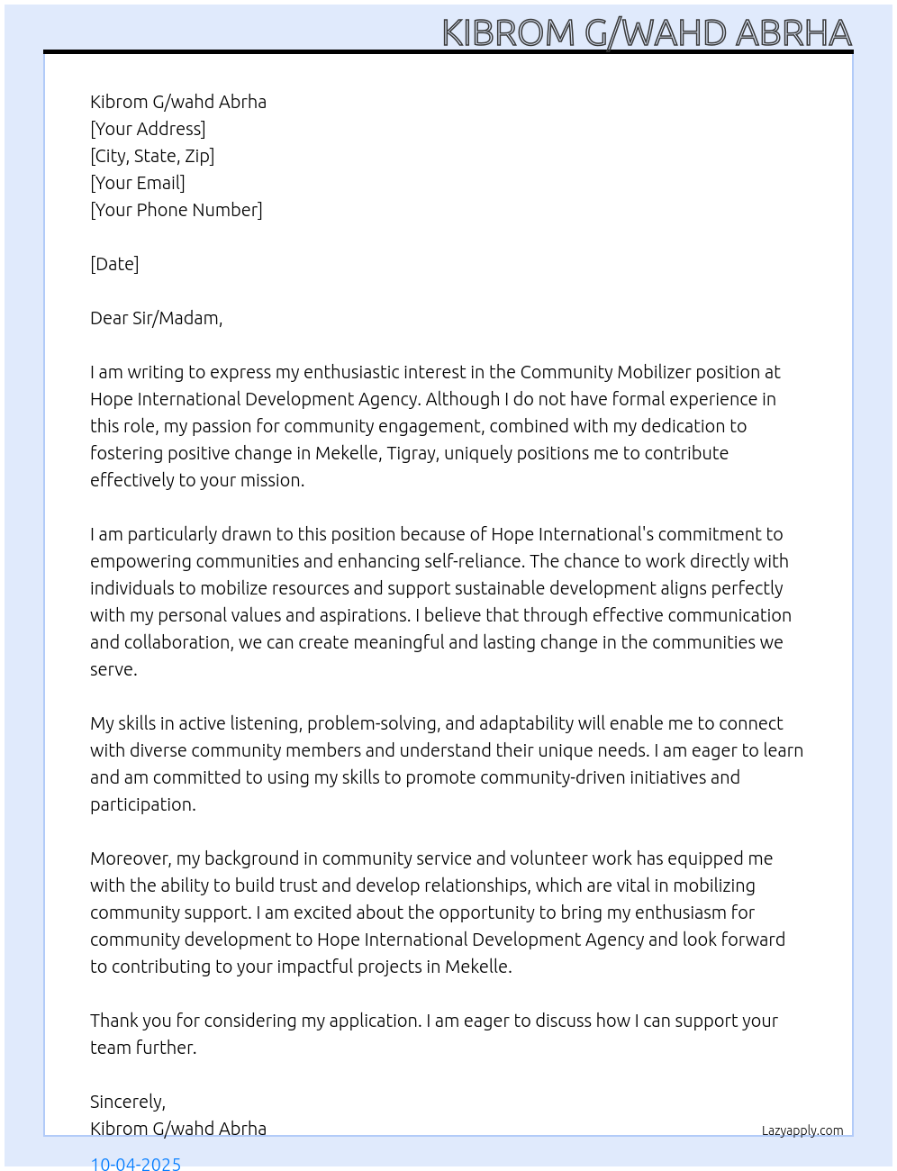 Community mobilizer At Hope international development agency Cover Letter