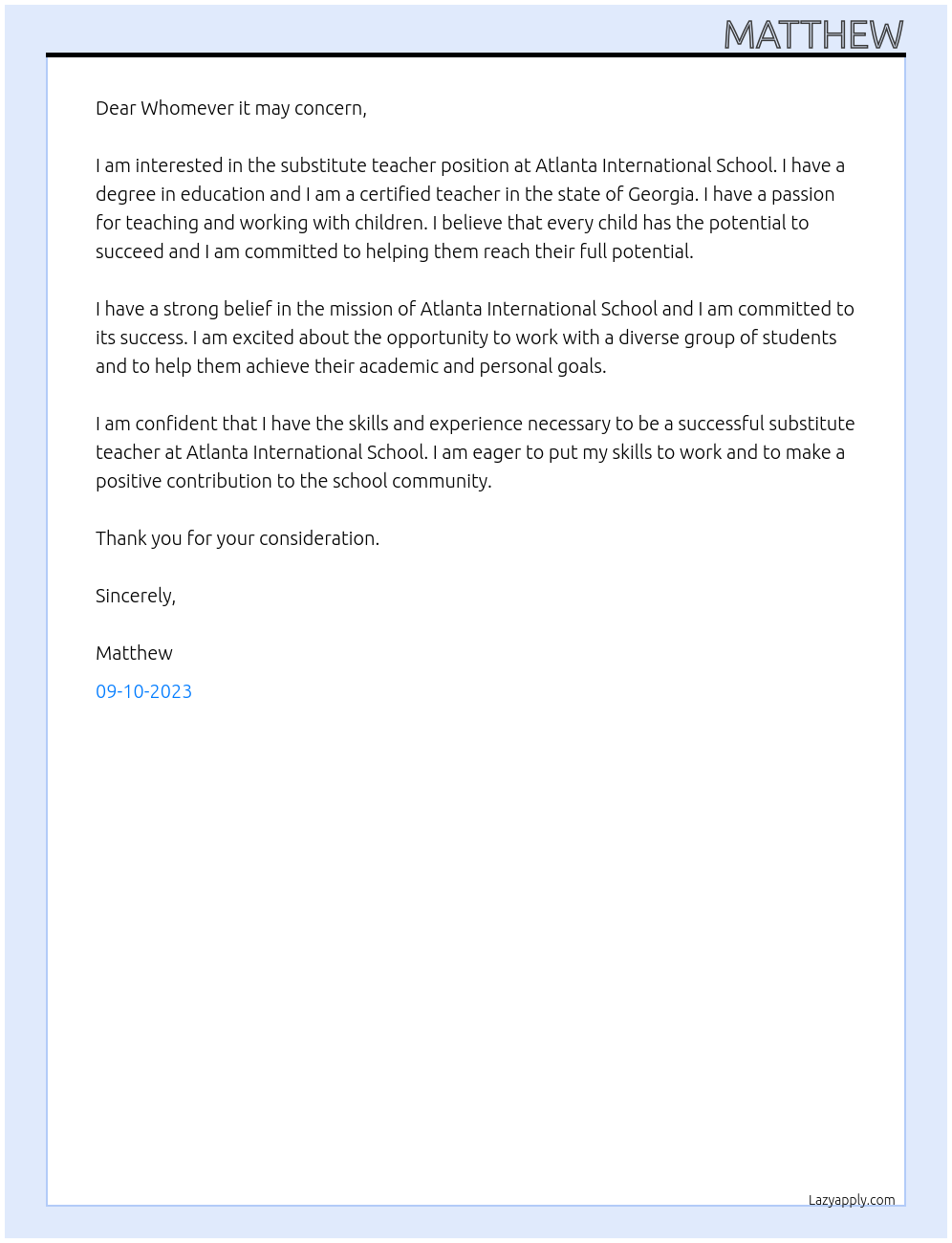 Substitute Teacher At Atlanta International School Cover Letter