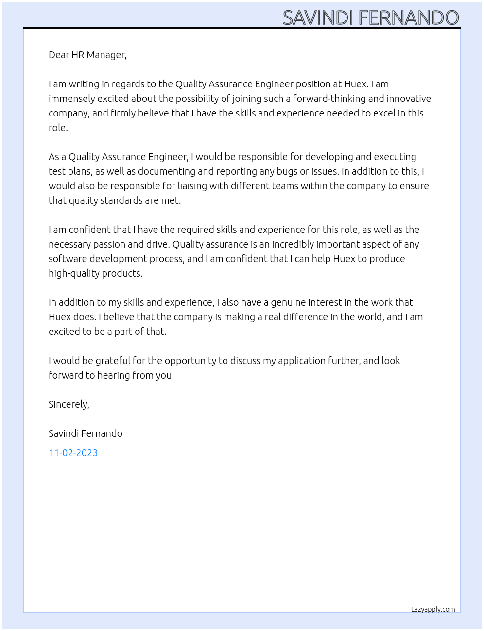 Quality Assurance Engineer At Huex Cover Letter