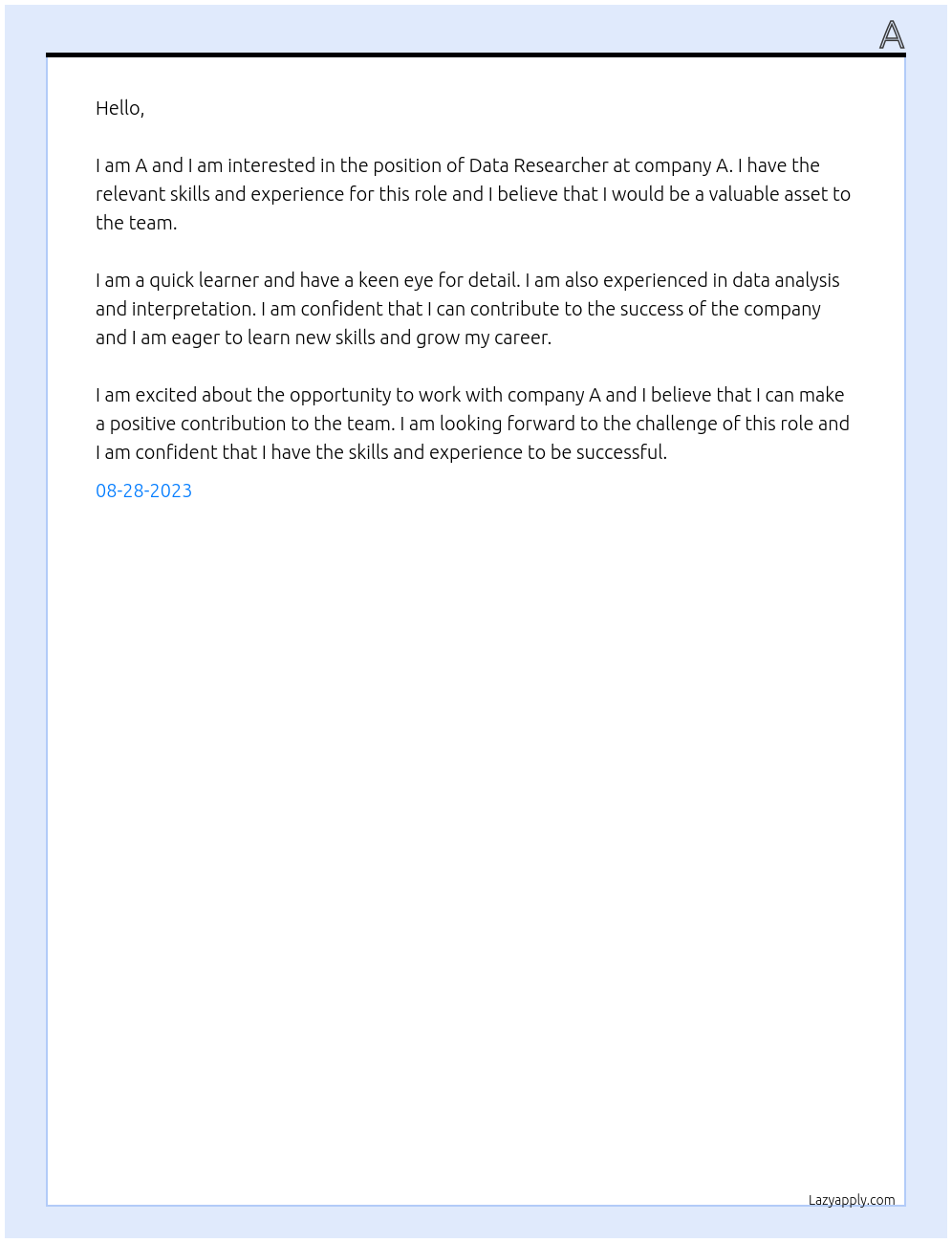 Data Researcher At A Cover Letter