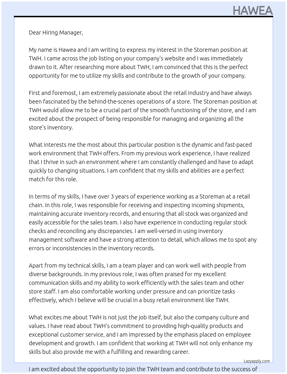 Storeman At TWH Cover Letter