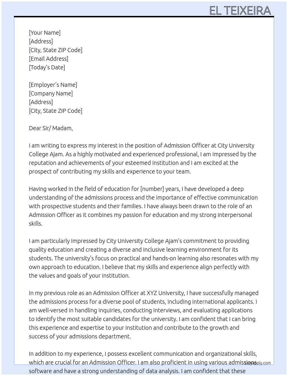 Admission Officer At City University College Ajam Cover Letter