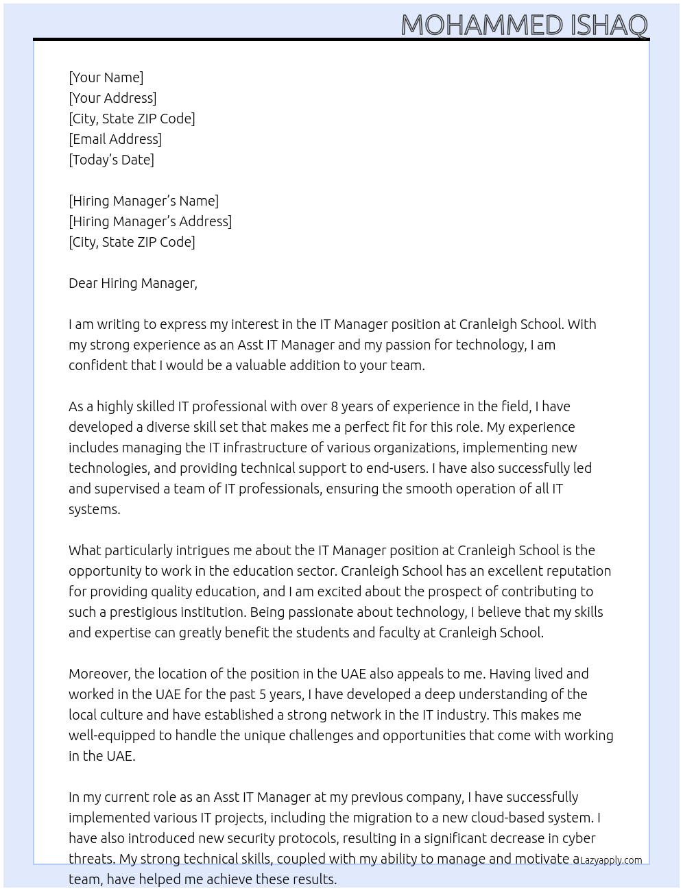 IT manager At Cranleigh School Cover Letter
