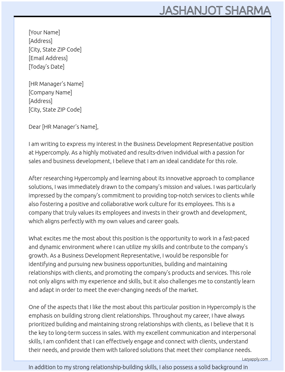 Business Development Representative At Hypercomply Cover Letter
