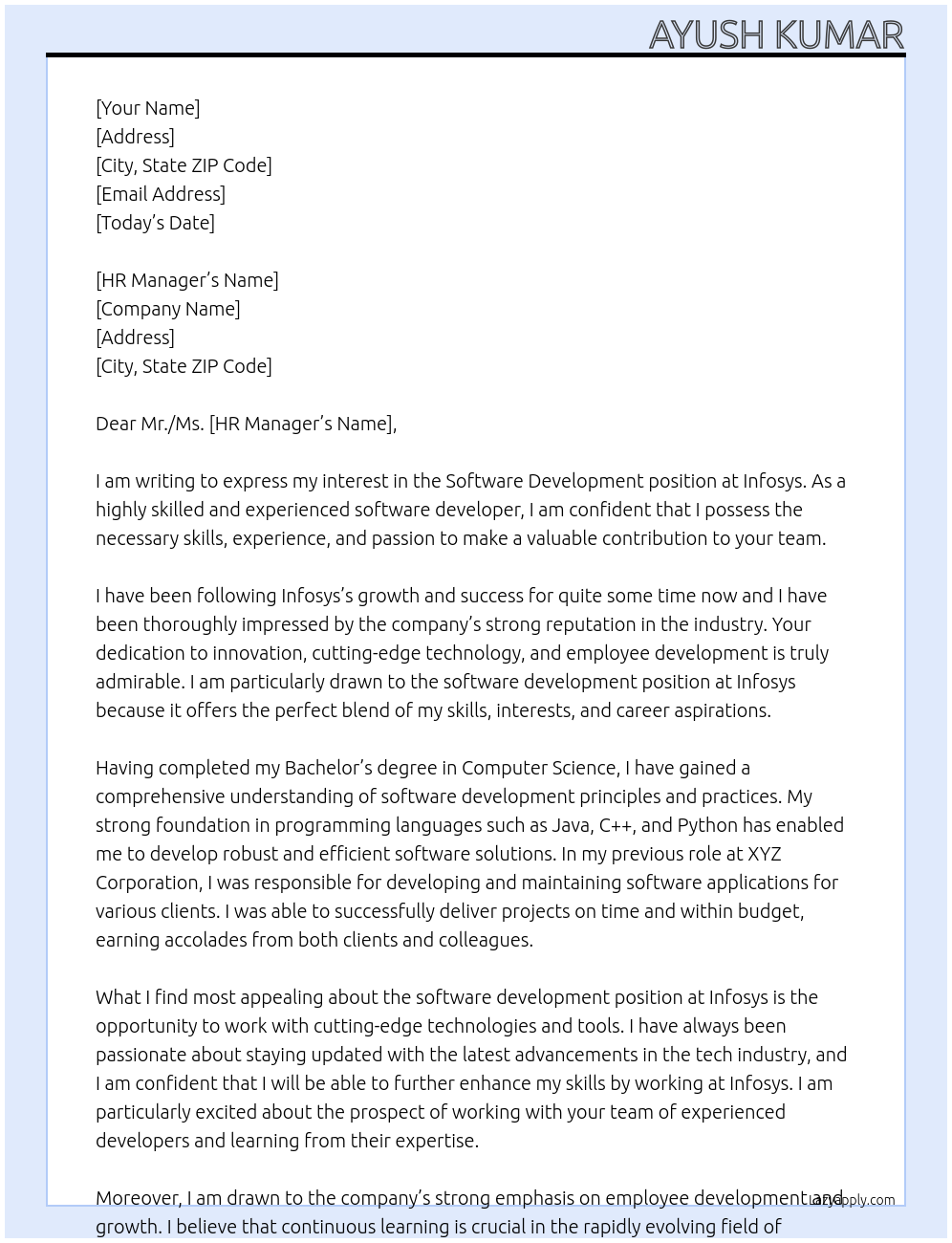 Software Development At Infosys Cover Letter