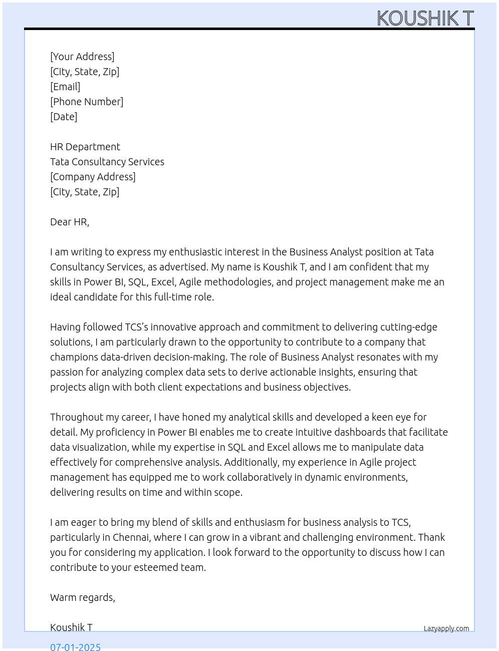 Business Analyst At Tata consultancy Services Cover Letter