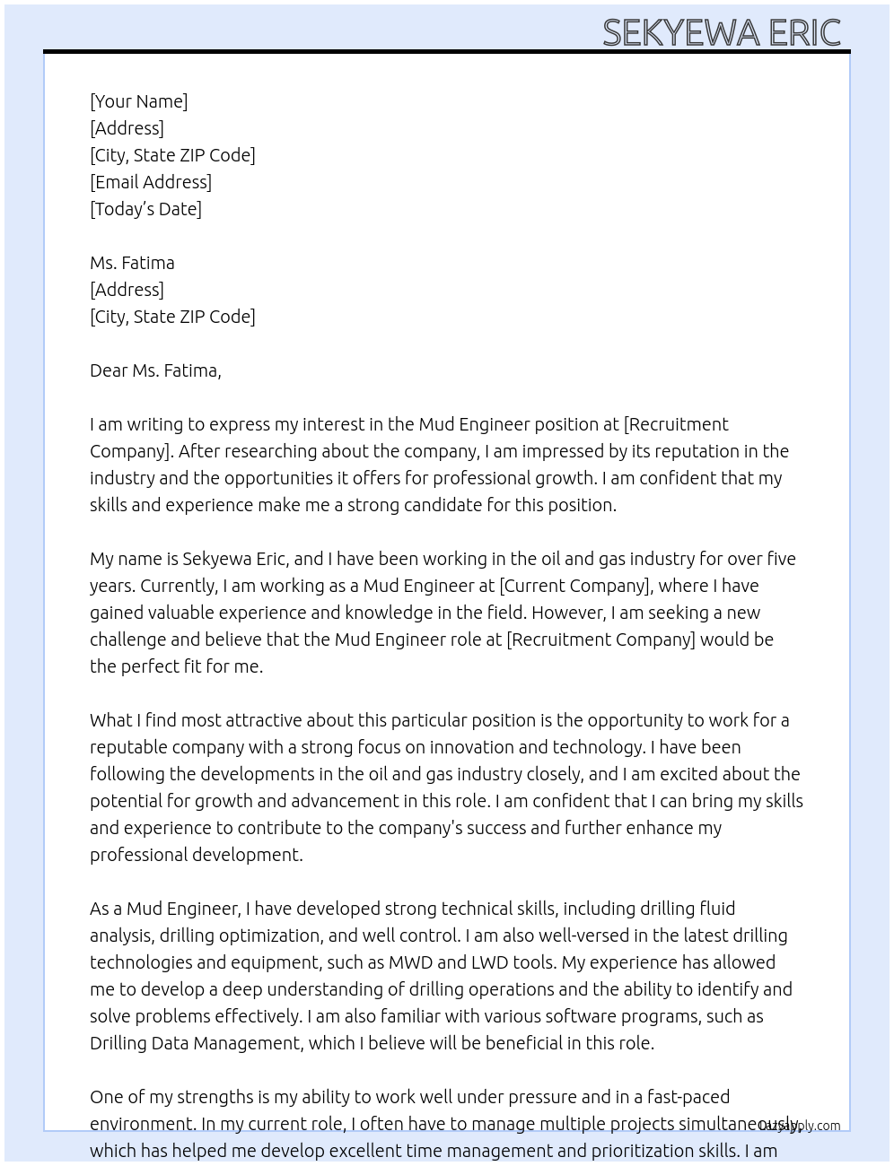 Mud engineer  At Recruitment company  Cover Letter