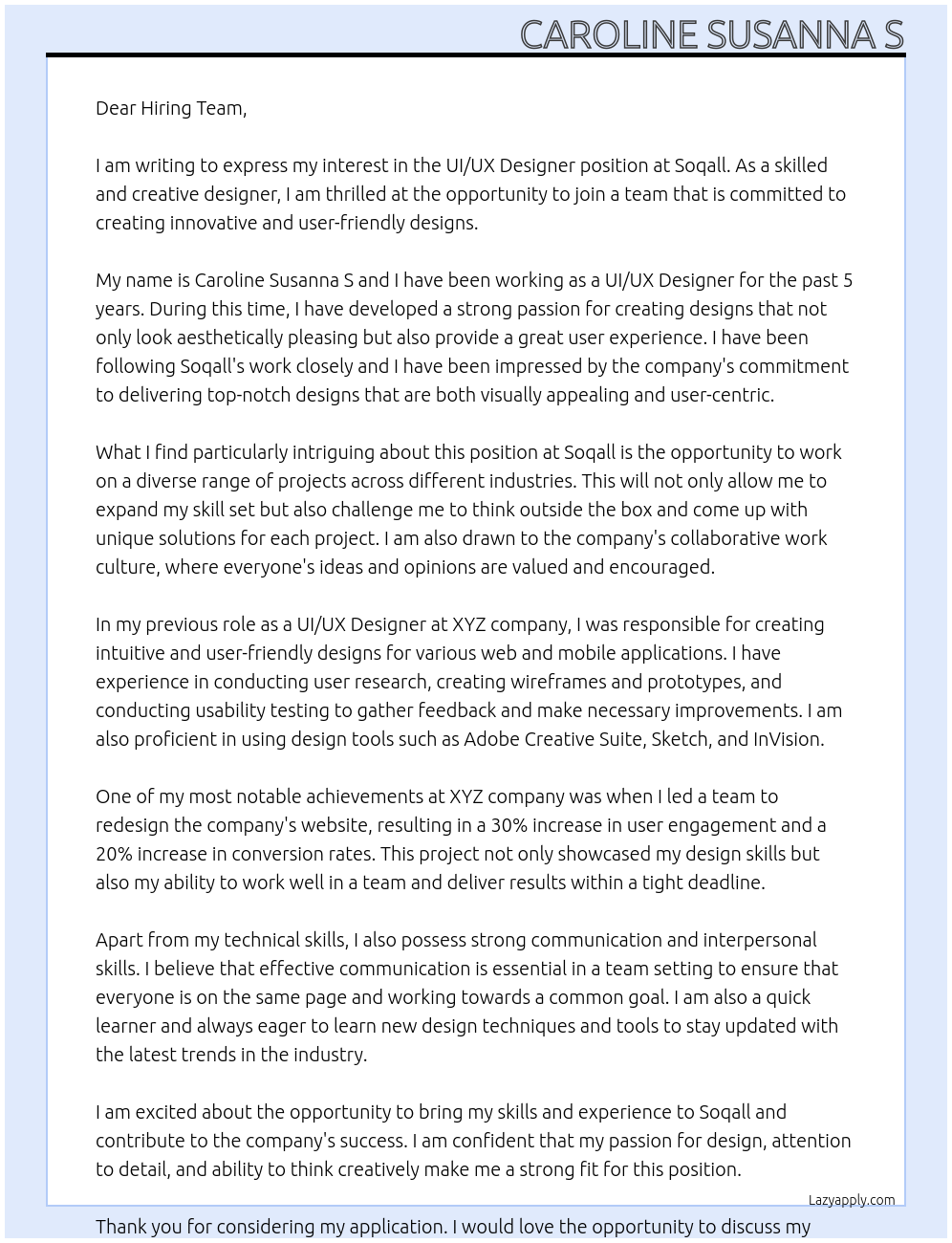 UI/UX Designer At Soqall Cover Letter