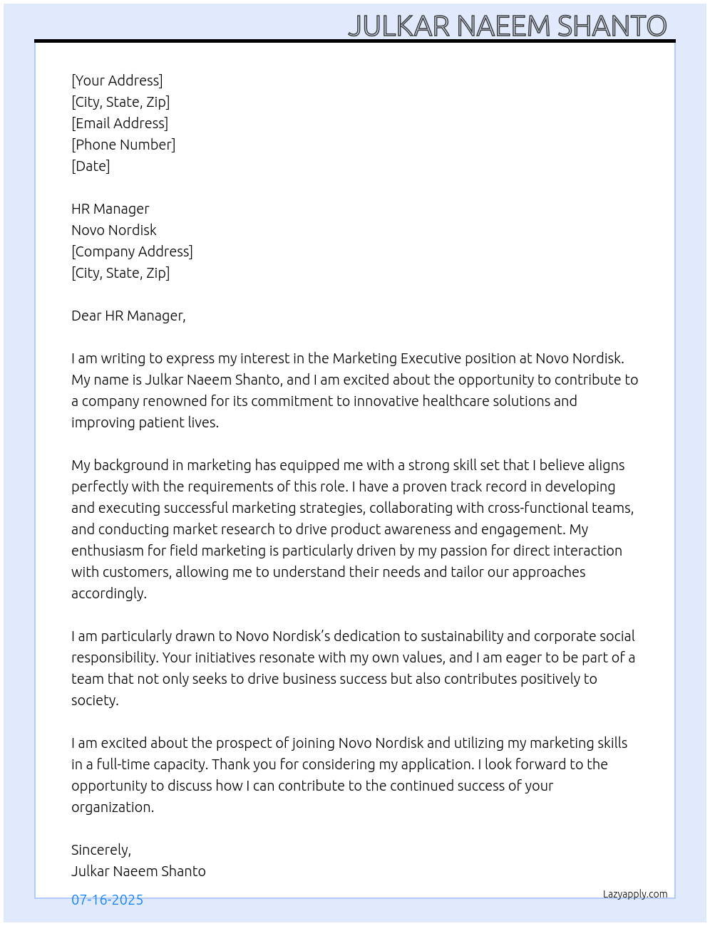 Marketing Excutive At Novo Nordisk Cover Letter