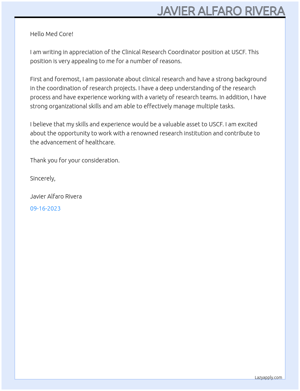 Clinical Research Coordinator At USCF Cover Letter