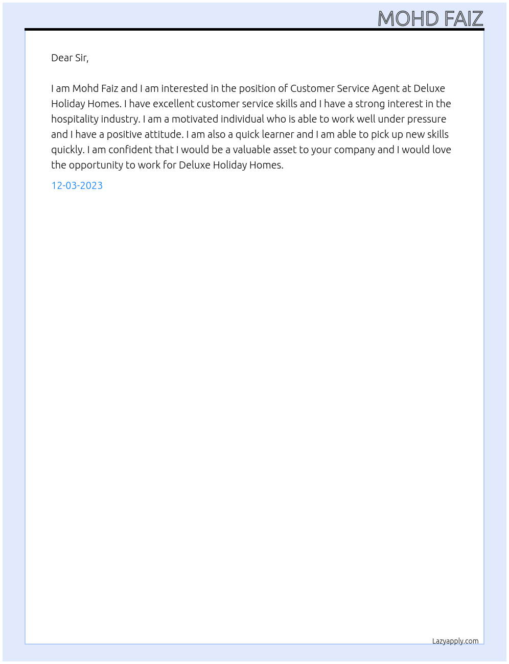 Customer Service Agent At Deluxe Holiday Homes Cover Letter