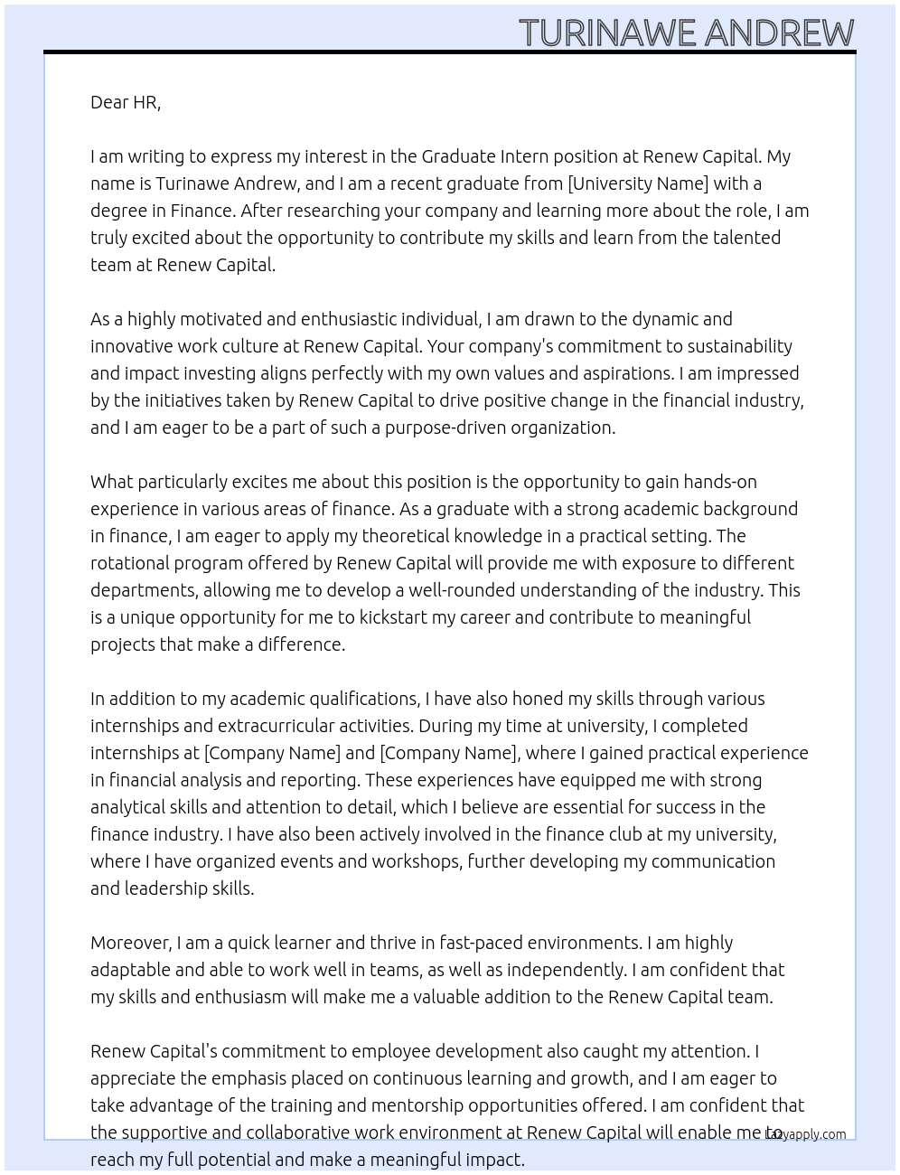 Graduate Intern At Renew Capital Cover Letter