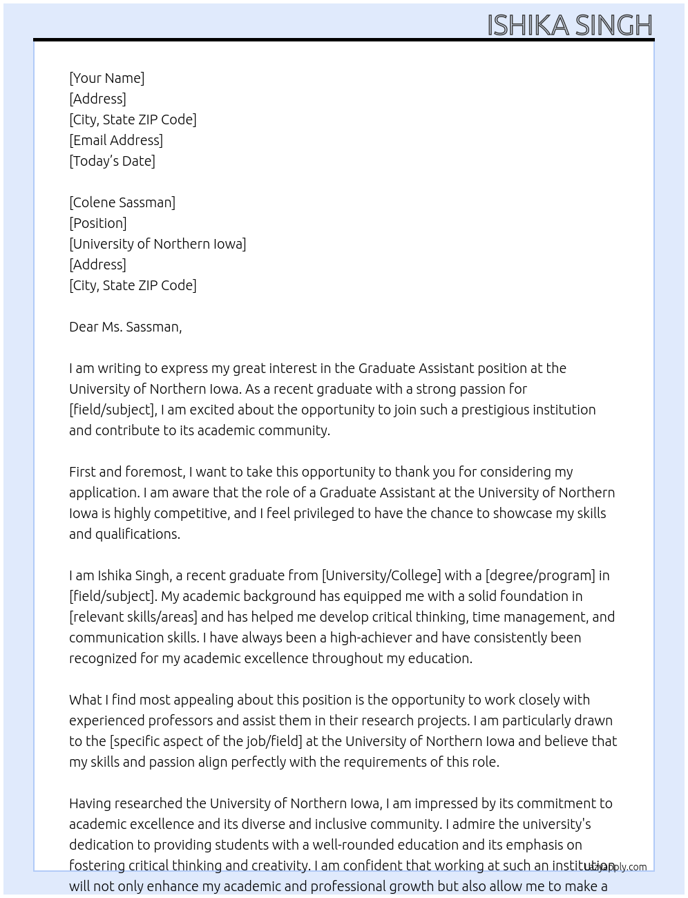 Graduate Assistant At University of Northern Iowa Cover Letter