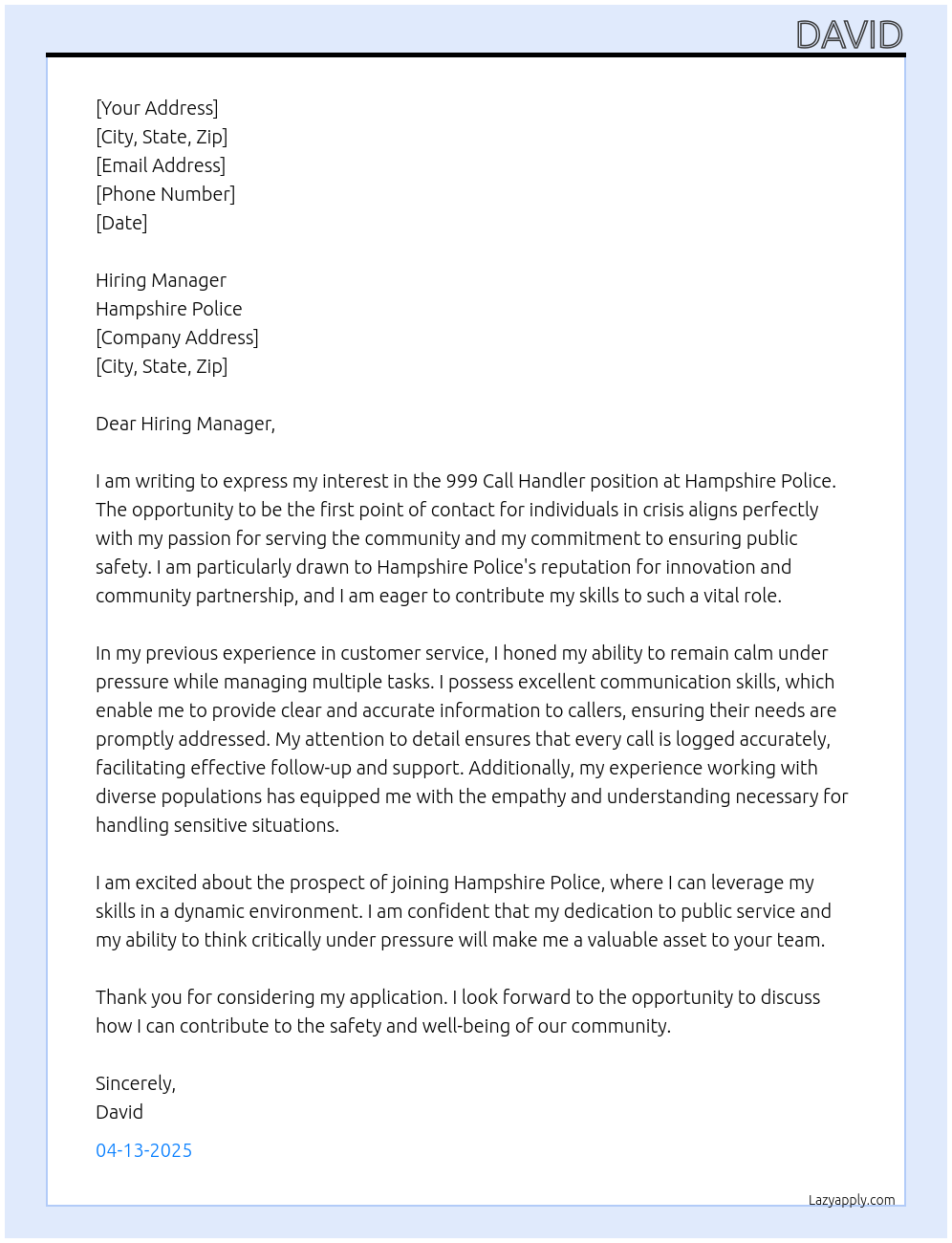 Cover letter for 999 call handler - LazyApply