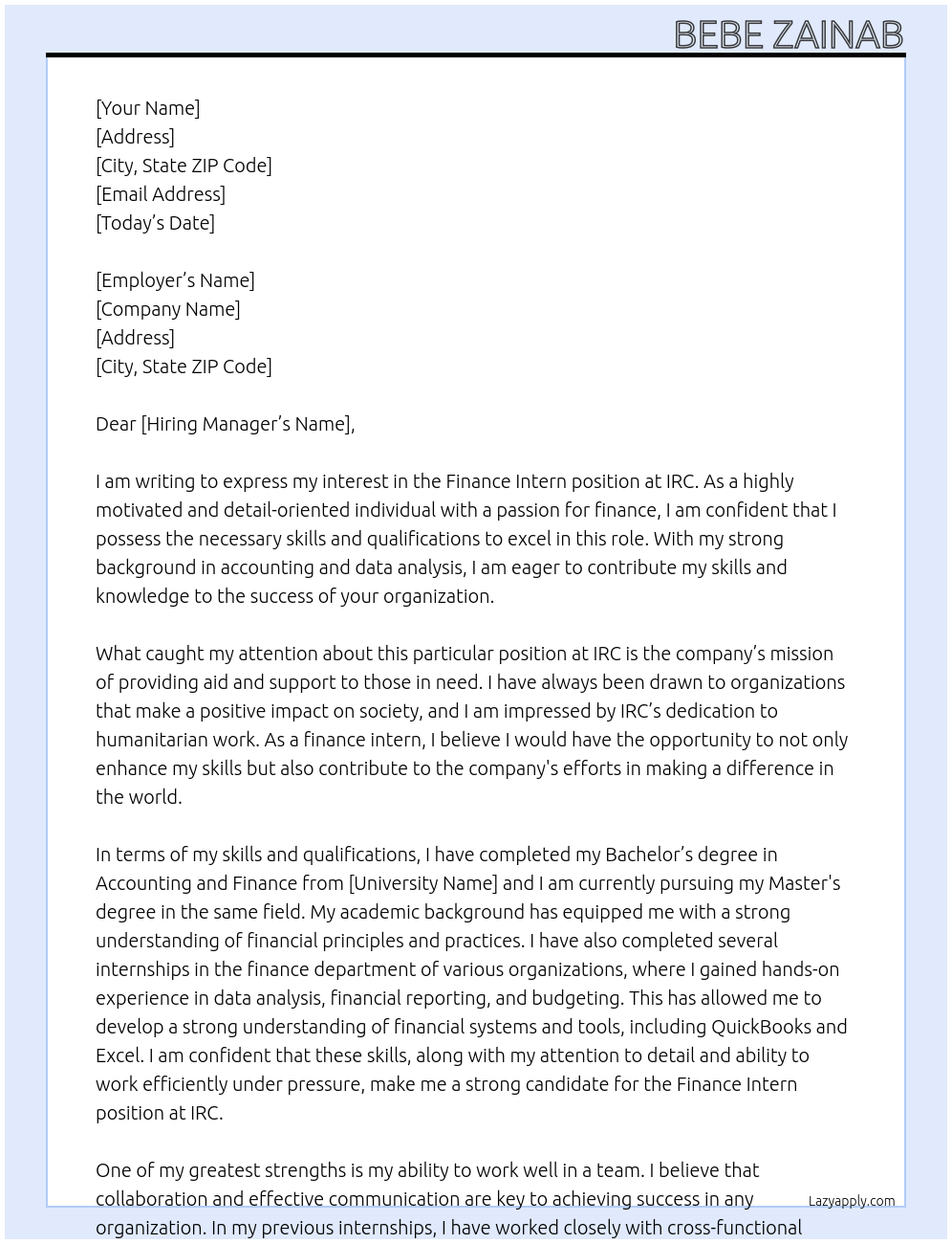 Finance intern At IRC Cover Letter