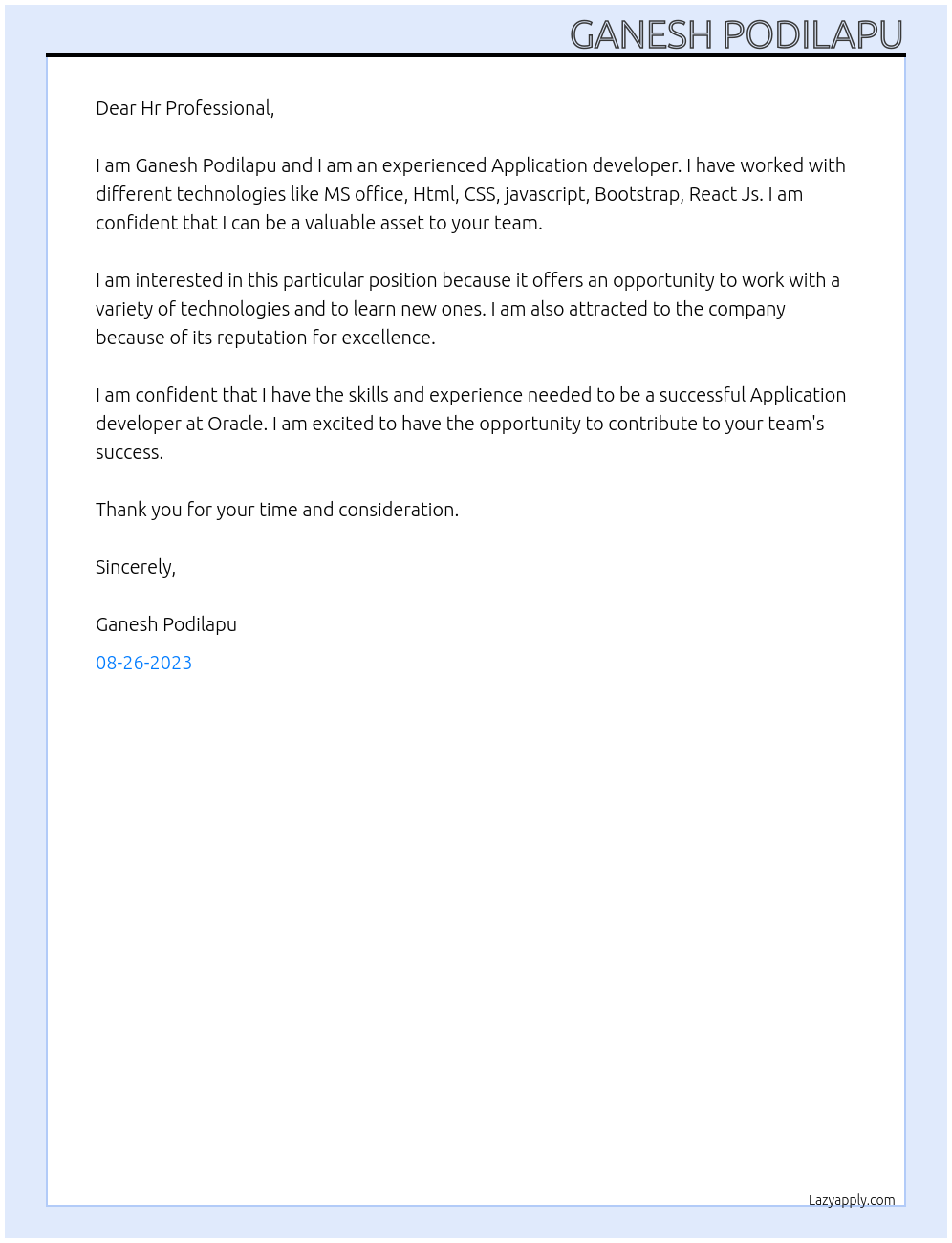 Application developer At Oracle Cover Letter