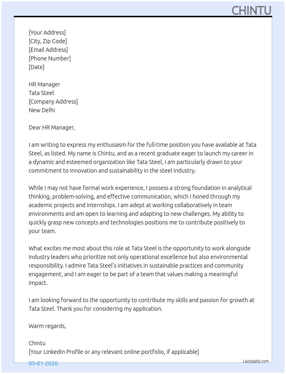 Fresher  At Tata steel  Cover Letter