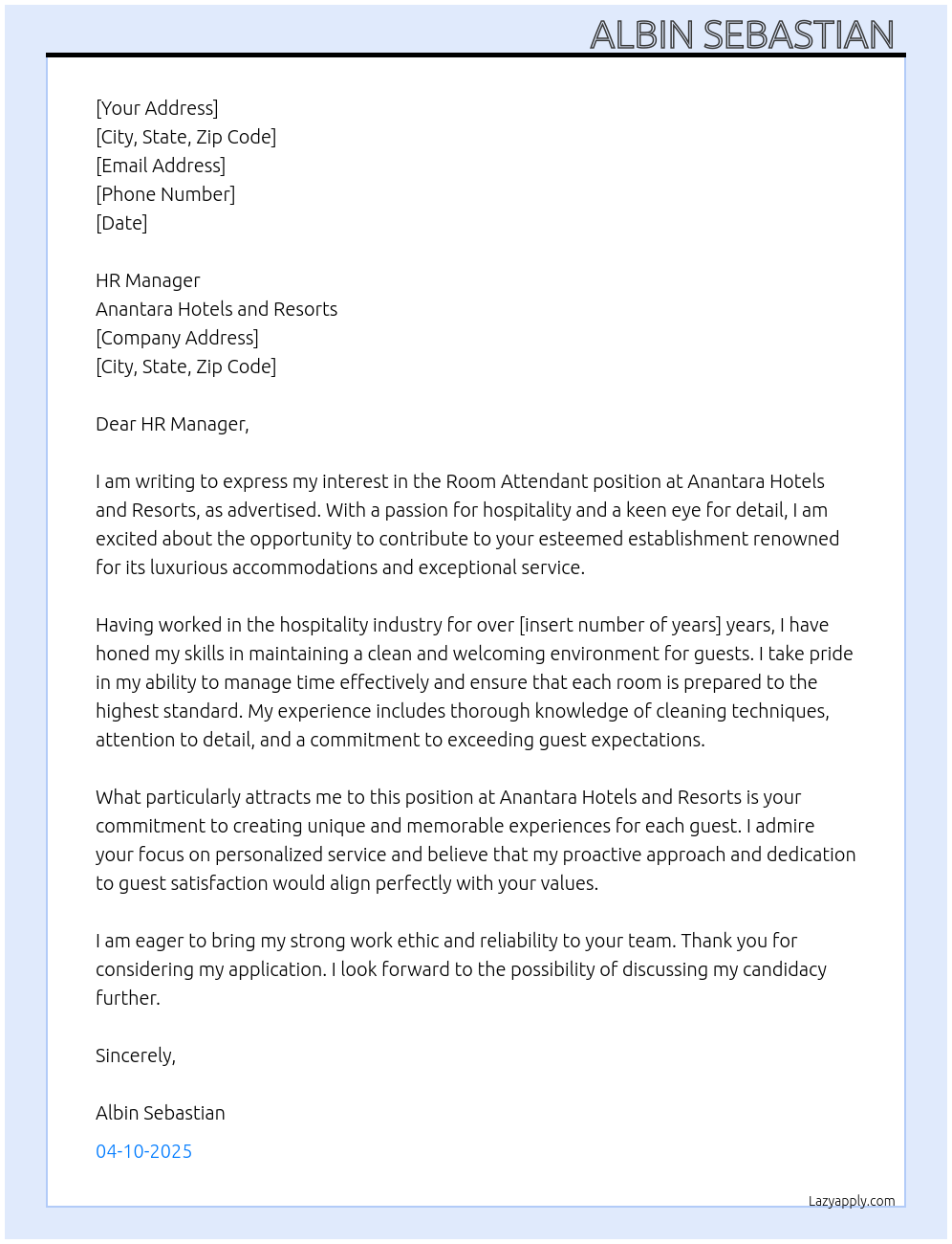 Room Attendant  At Anantara Hotels And Resorts  Cover Letter