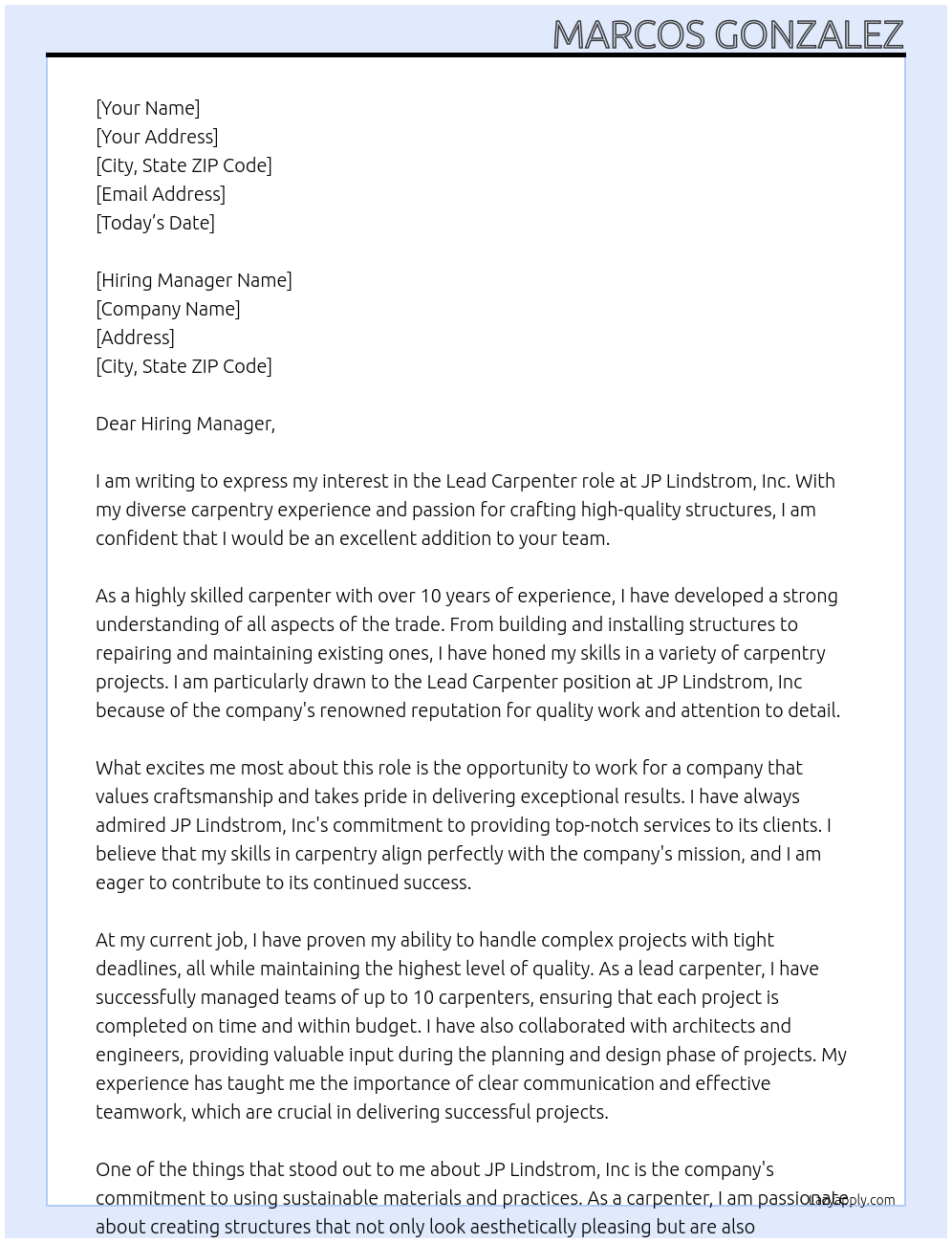 Carpenter  At JP Lindstrom, Inc Cover Letter