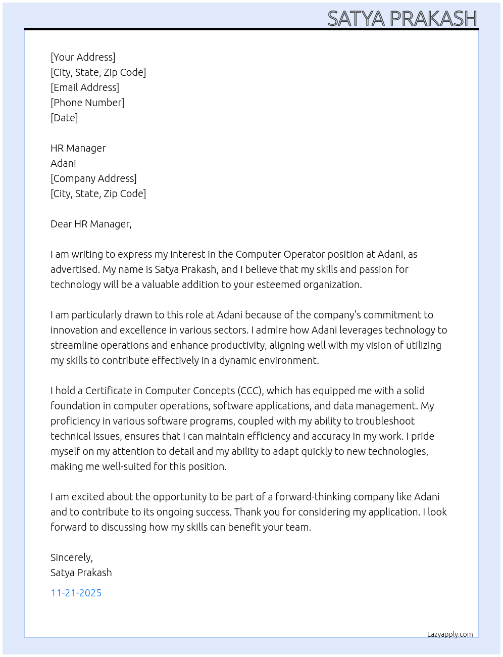 Computer operator At Adani Cover Letter