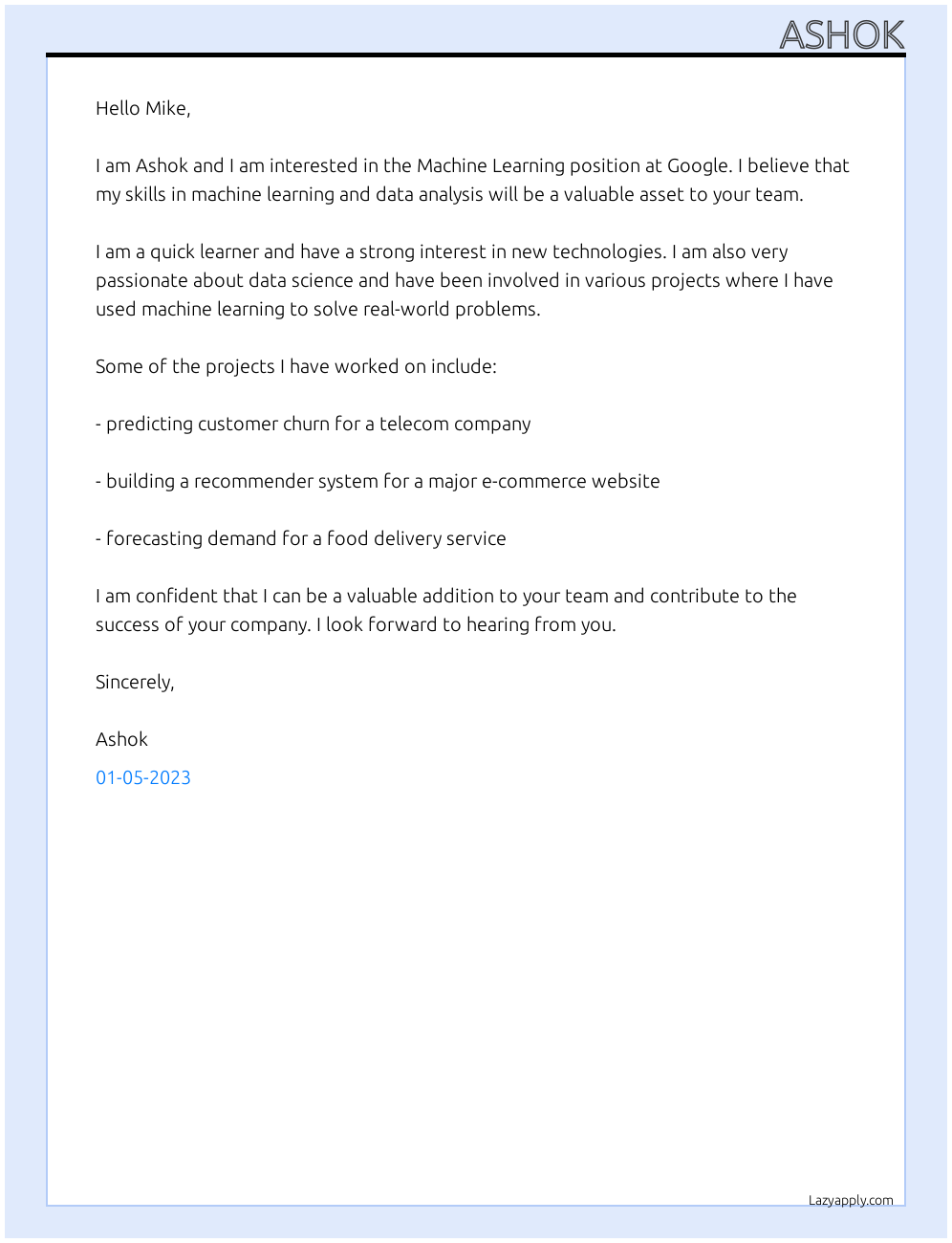 Machine Learning At google Cover Letter