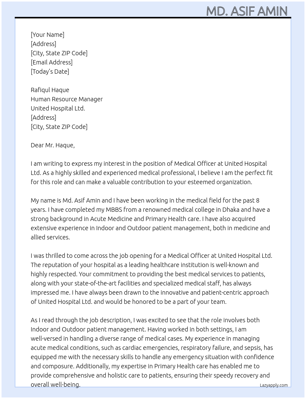 Medical officer At United Hospital Ltd. Cover Letter