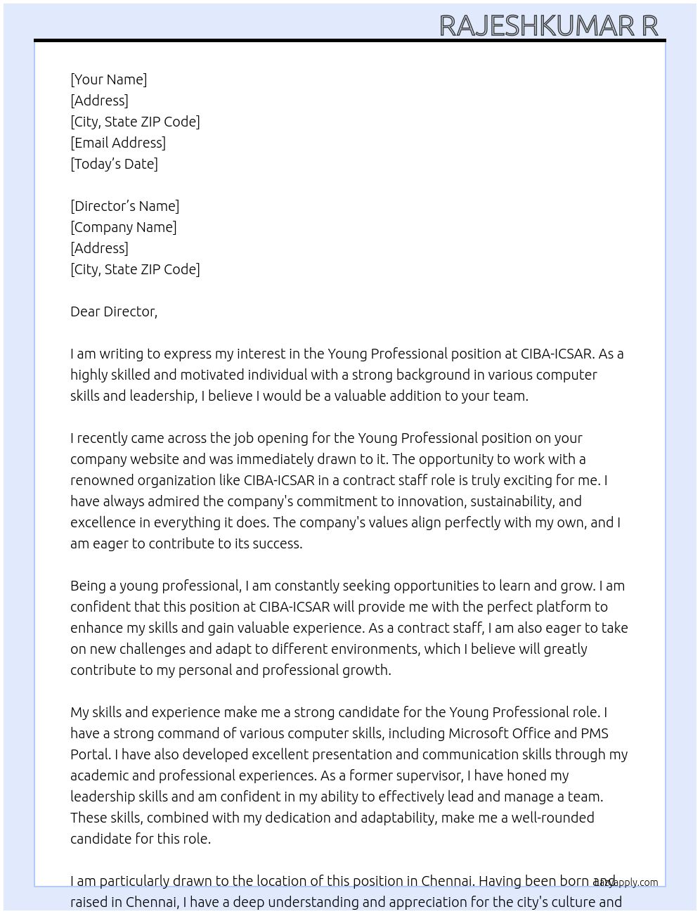 Young Professional At CIBA -ICSAR Cover Letter