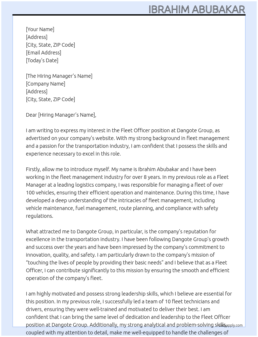 Fleet Officer At Dangote Group Cover Letter