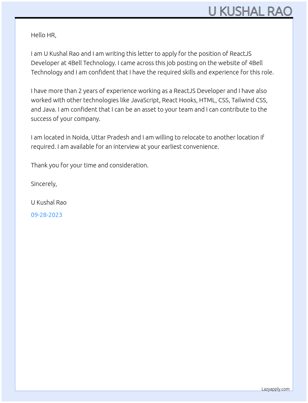 ReactJS Developer At 4Bell Technology Cover Letter