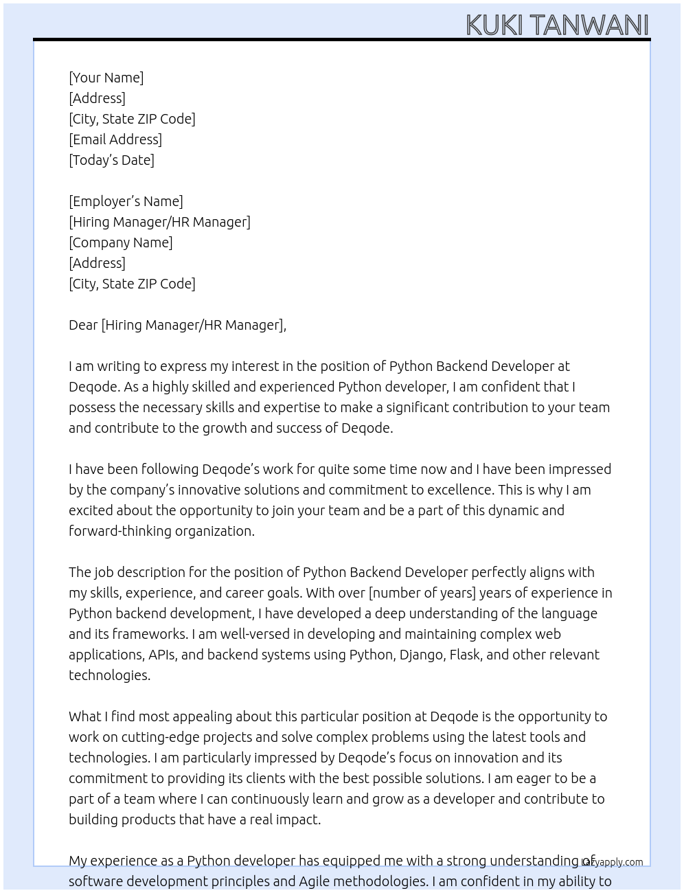 Python backend developer  At Deqode Cover Letter