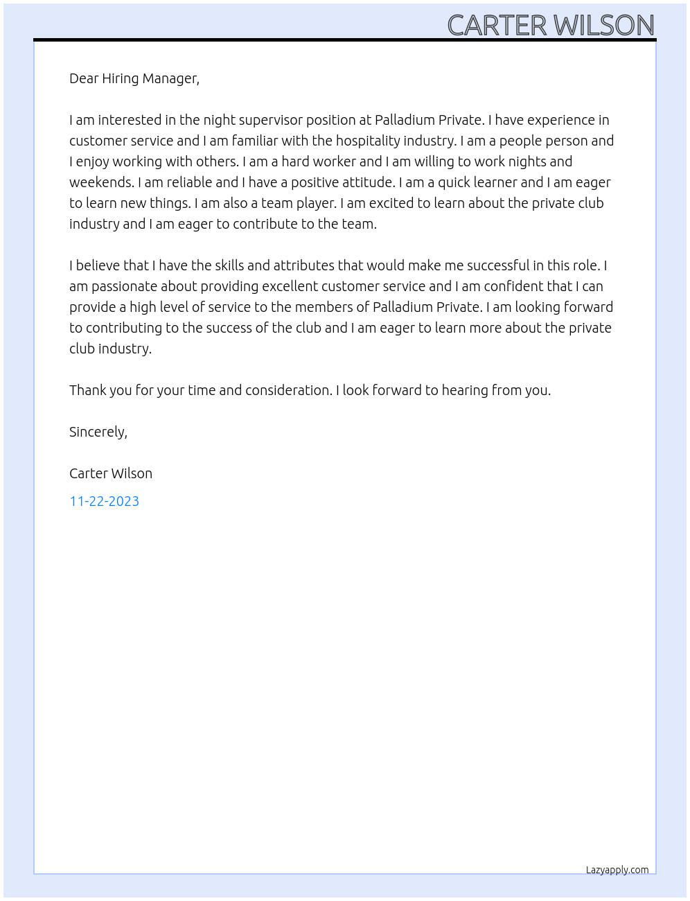 Night Supervisor At Palladium Private Cover Letter