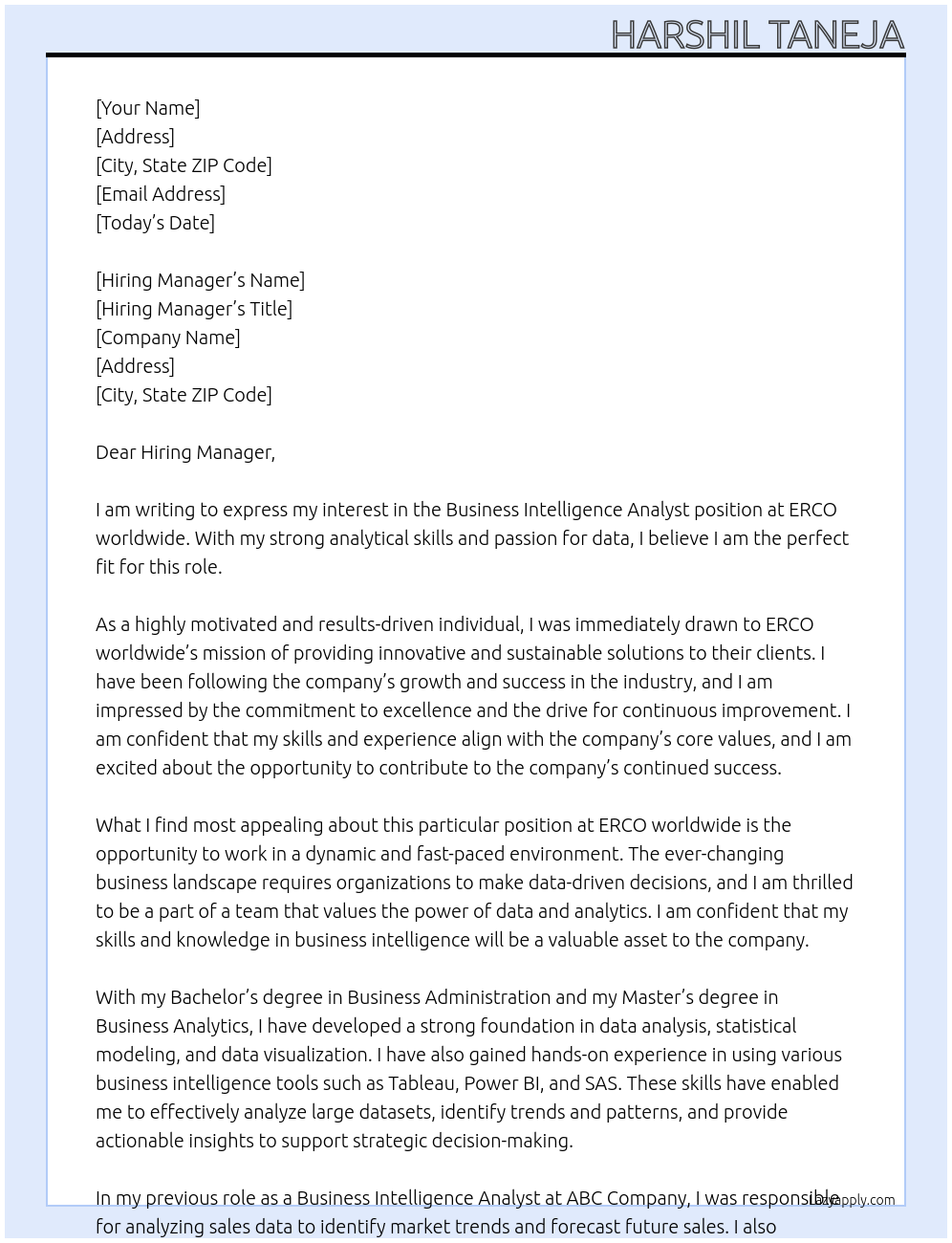 Business Intelligence Analyst At ERCO worldwide Cover Letter