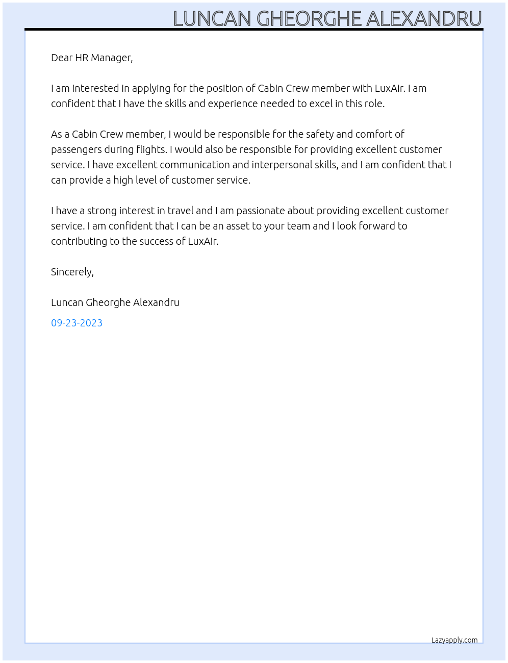 Cabin crew member At LuxAir Cover Letter