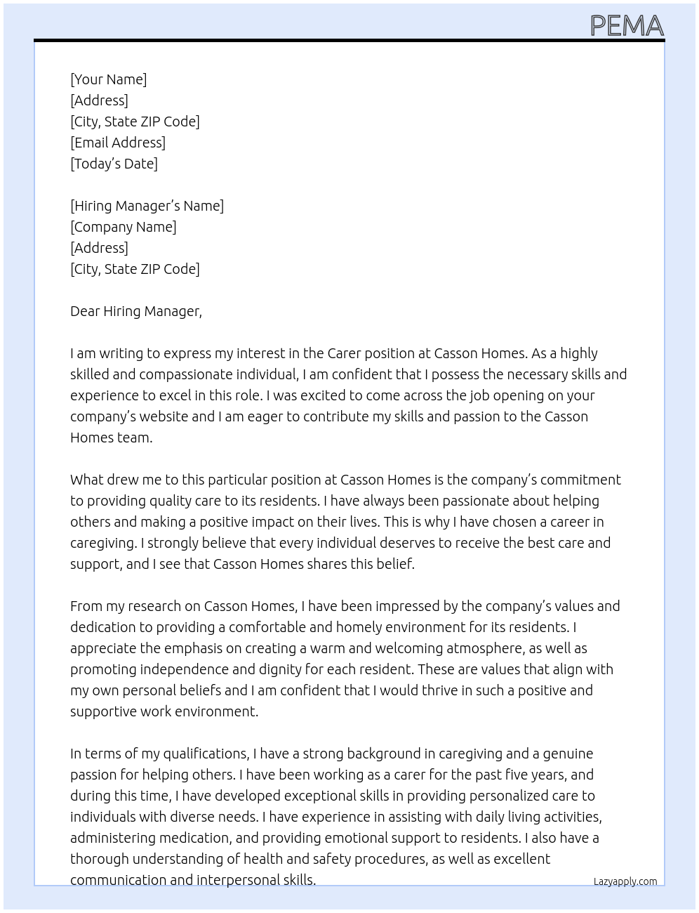Carer At Casson Homes Cover Letter