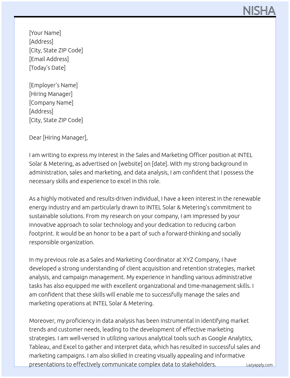 sales and marketing officer At INTEL Solar & meetering Cover Letter