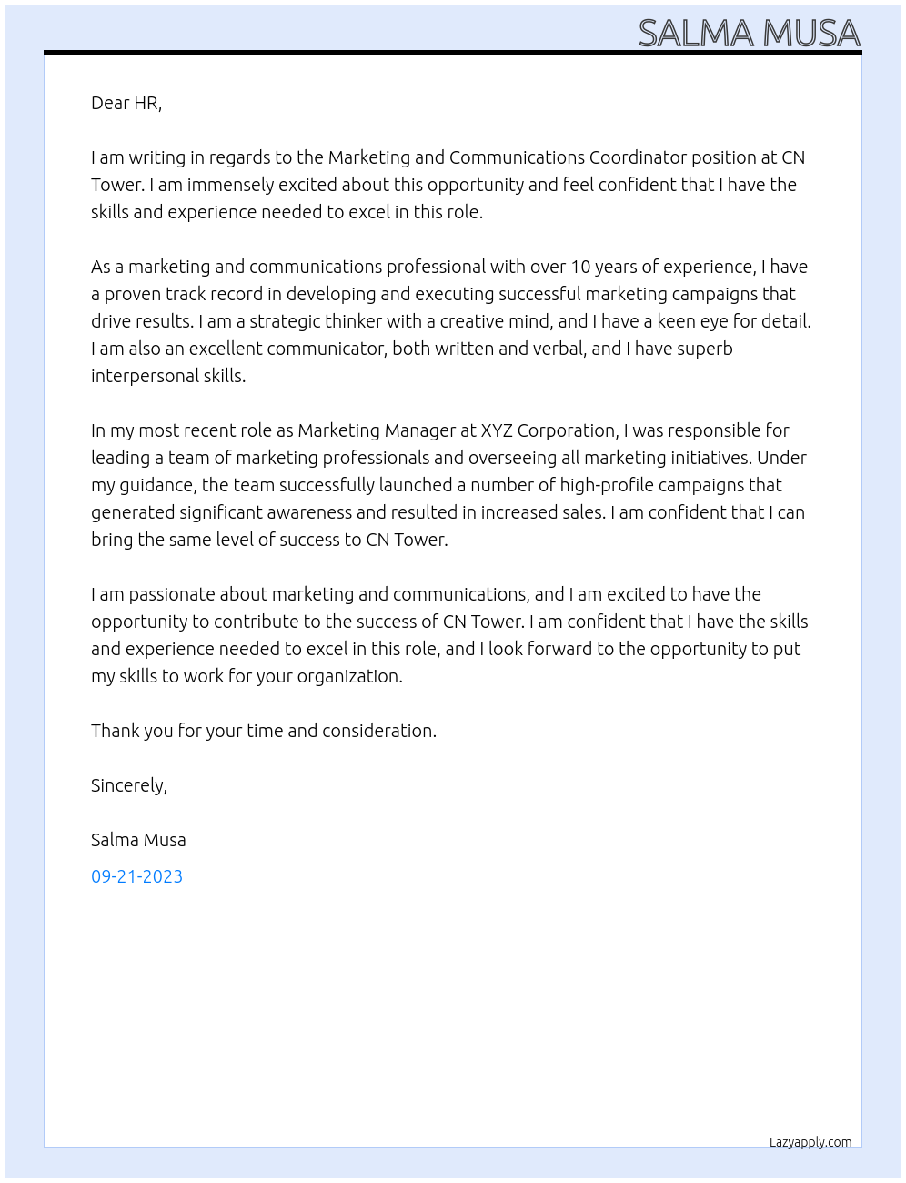 Marketing and Communications Coordinator At CN Tower Cover Letter