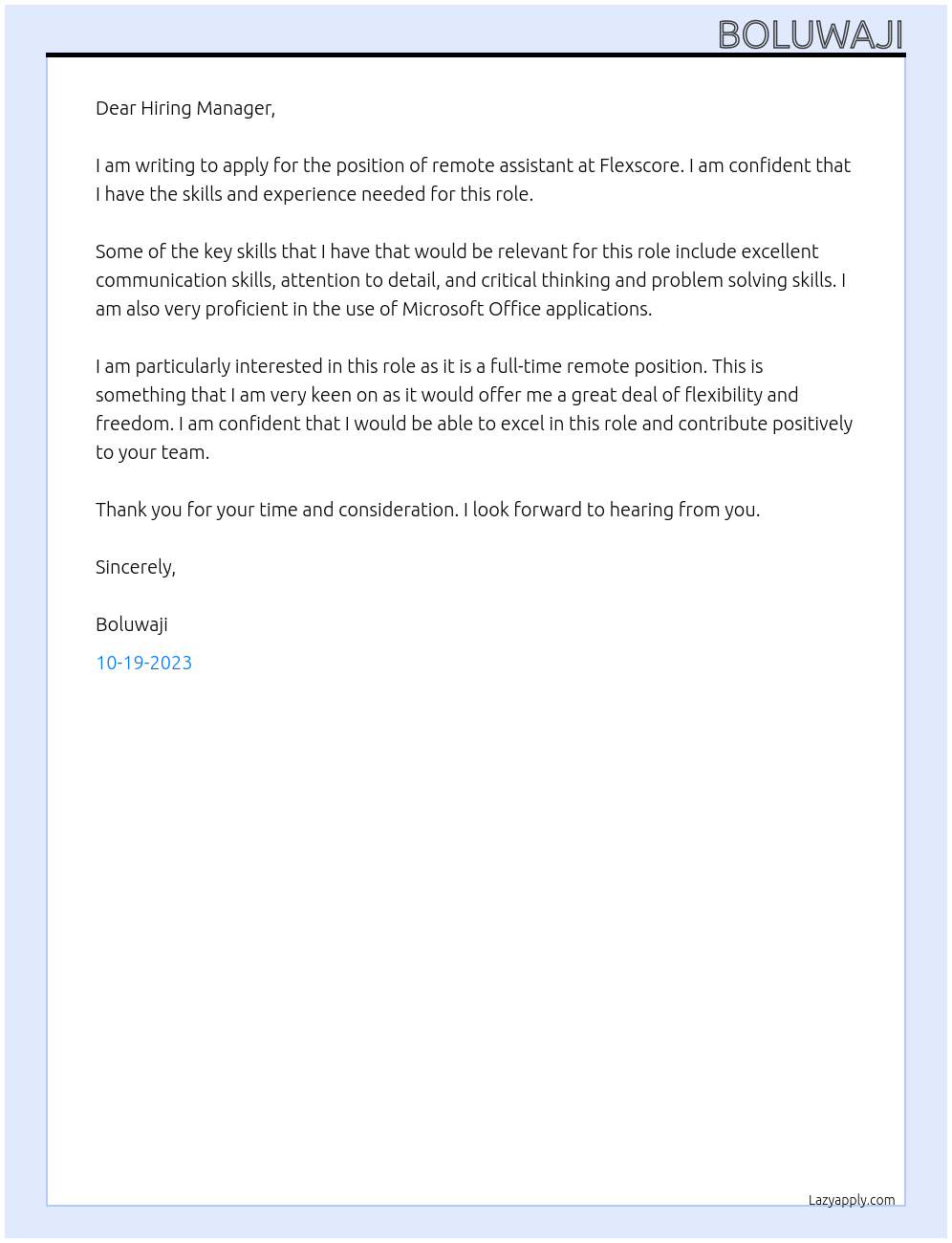 remote assistant At Flexscore Cover Letter