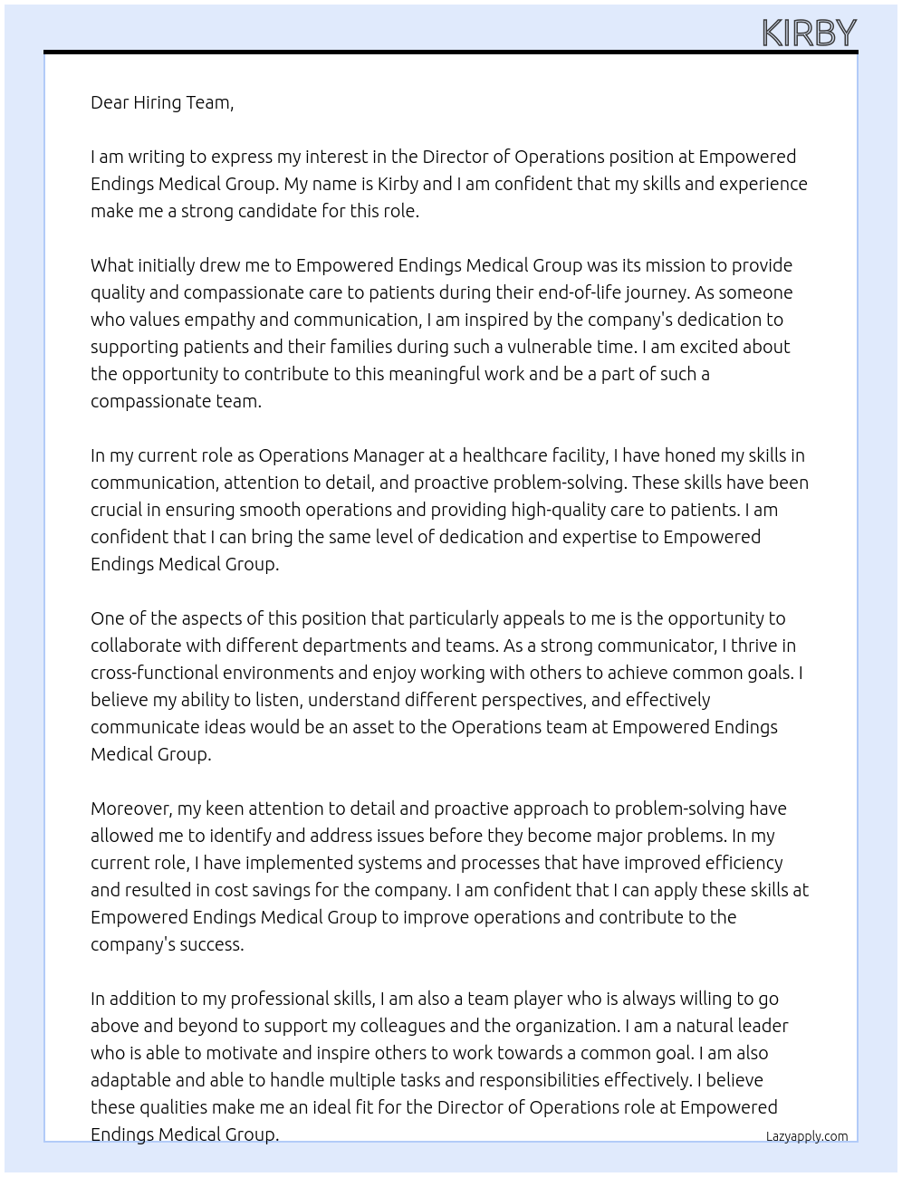 Director of Operations At Empowered Endings Medical Group Cover Letter