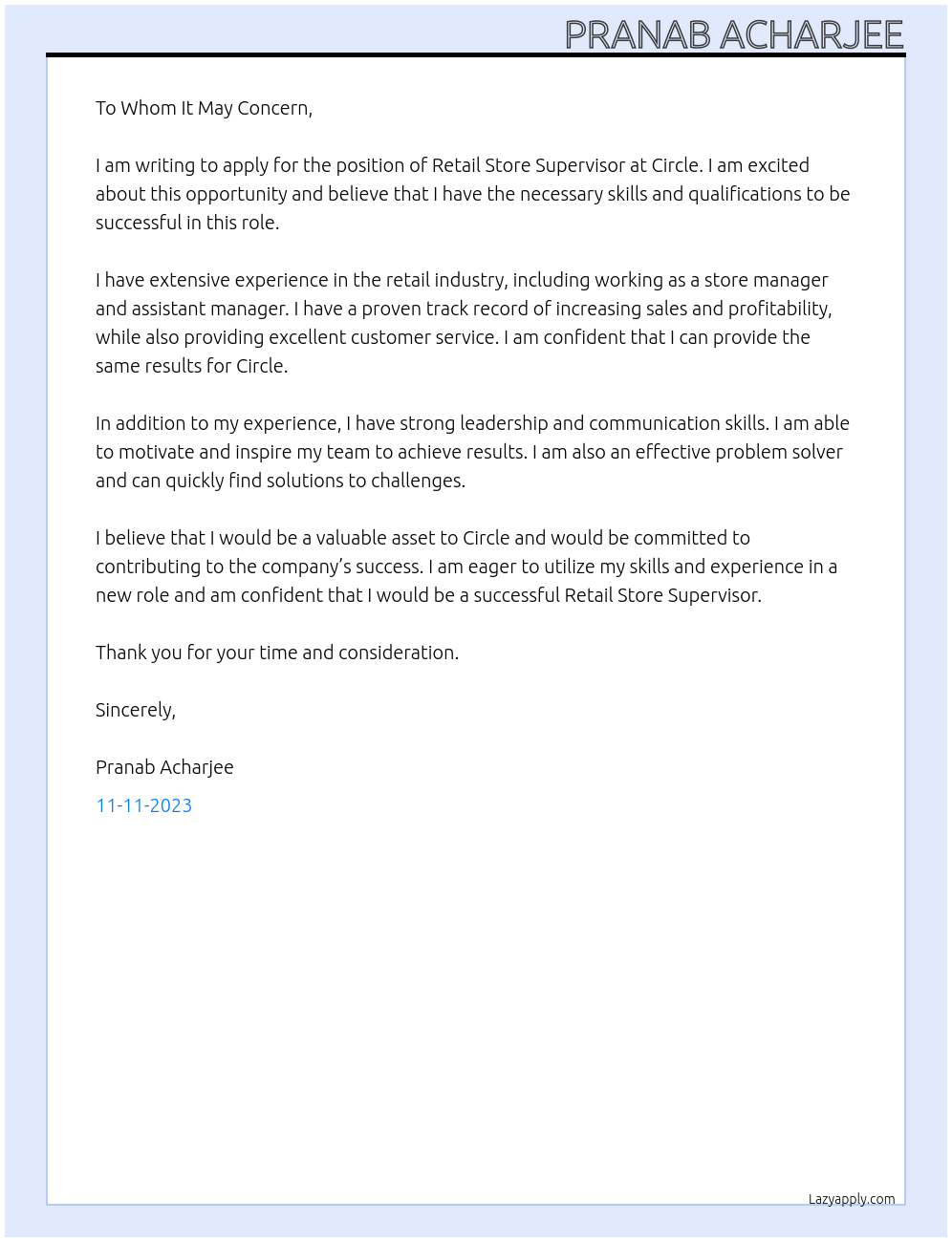 retail store supervisor At circle Cover Letter