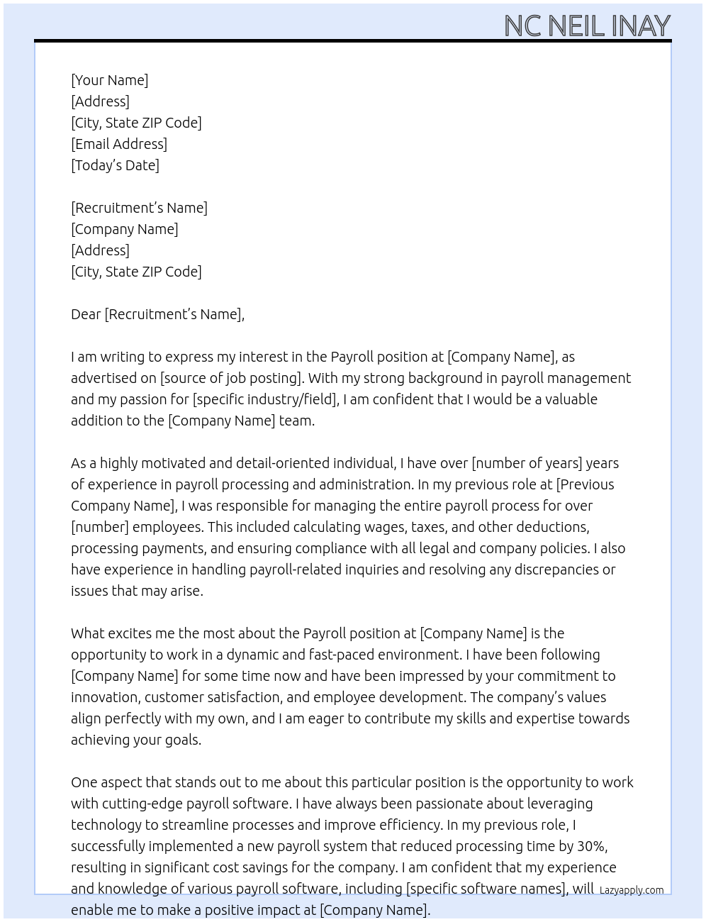 Payroll At eprenllc Cover Letter