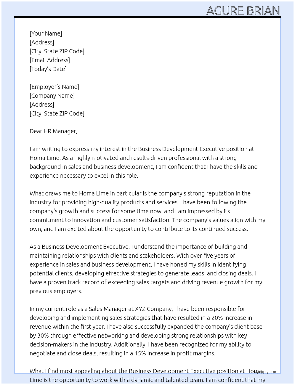 Business Development Executive At Homa Lime Cover Letter