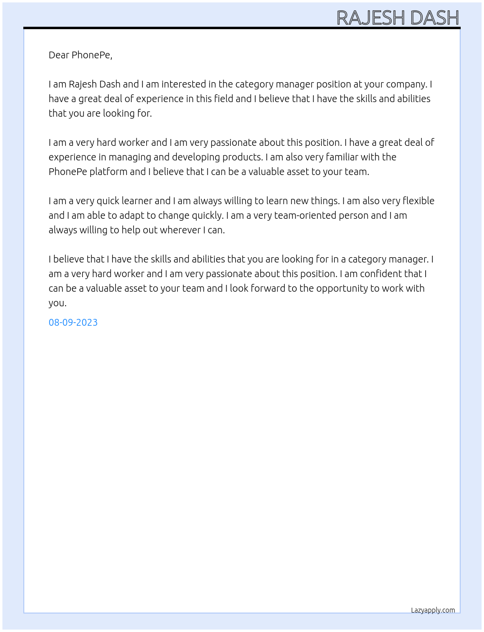 category manager At PhonePe Cover Letter