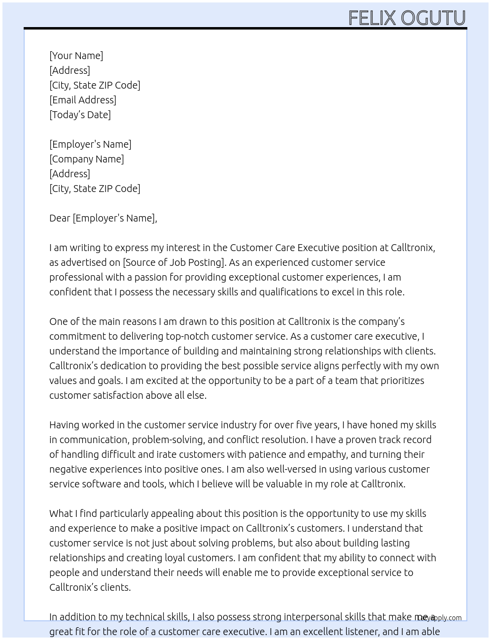 customer care executive At Calltronix Cover Letter