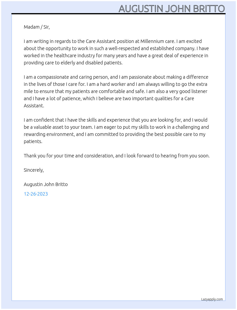Care Assistant At Millennium care Cover Letter