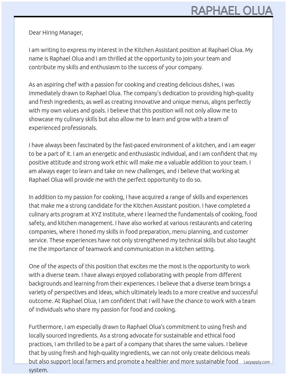 Kitchen Assistant At Raphael Olua Cover Letter