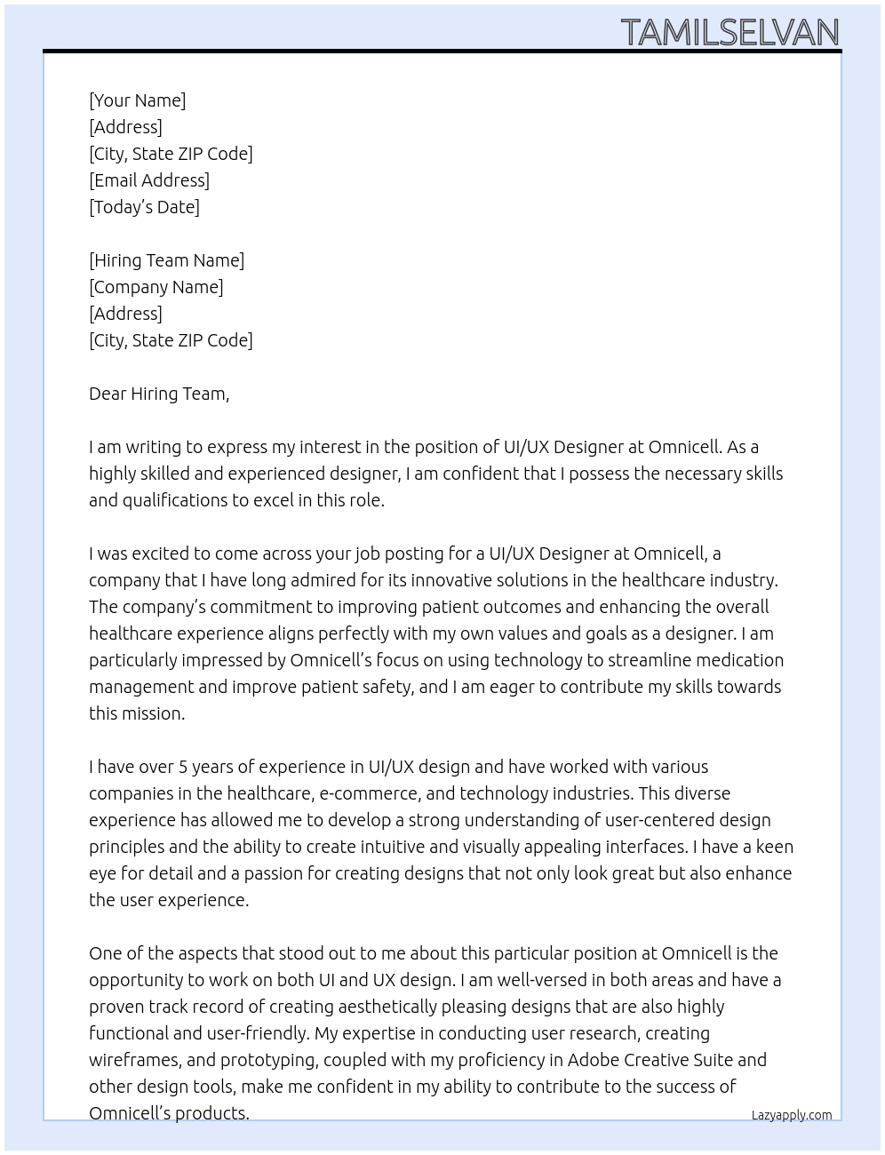 UI/UX Designer At Omnicell Cover Letter