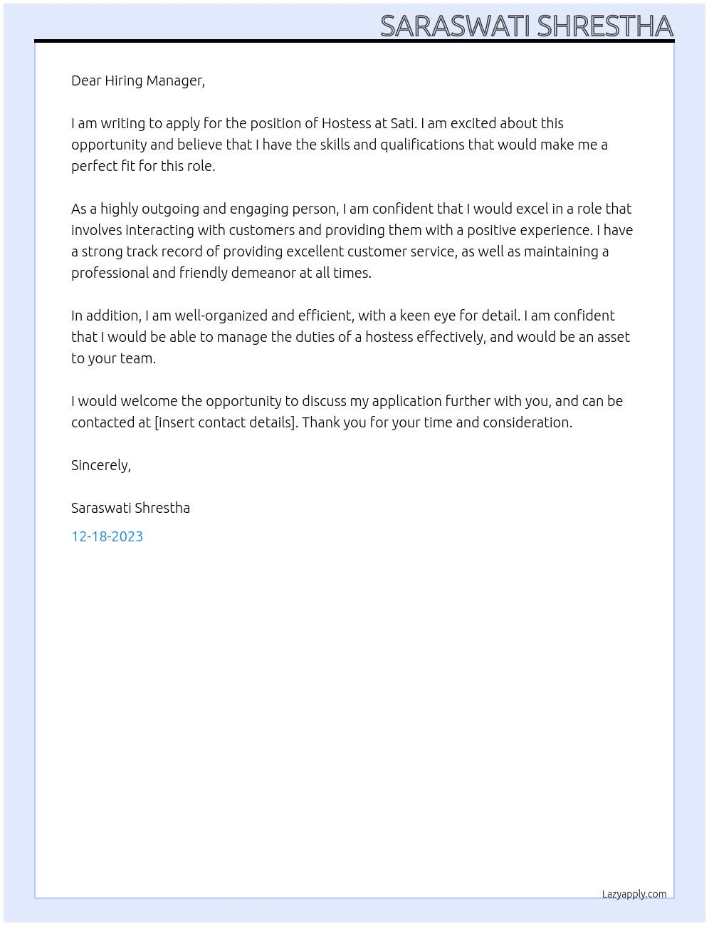 Hostess At Sati Cover Letter