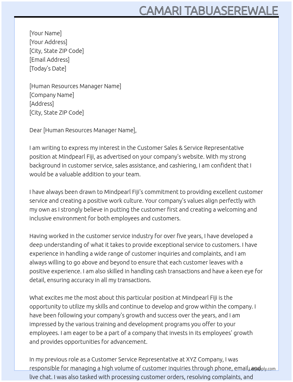 Customer Sales & Service Representative At Mindpearl Fiji Cover Letter